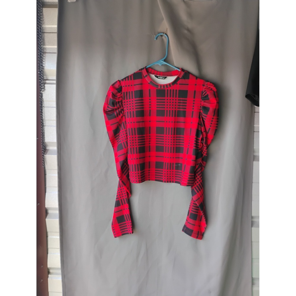SHEIN Red Black Plaid Puff Sleeve Crop Top Blouse Large